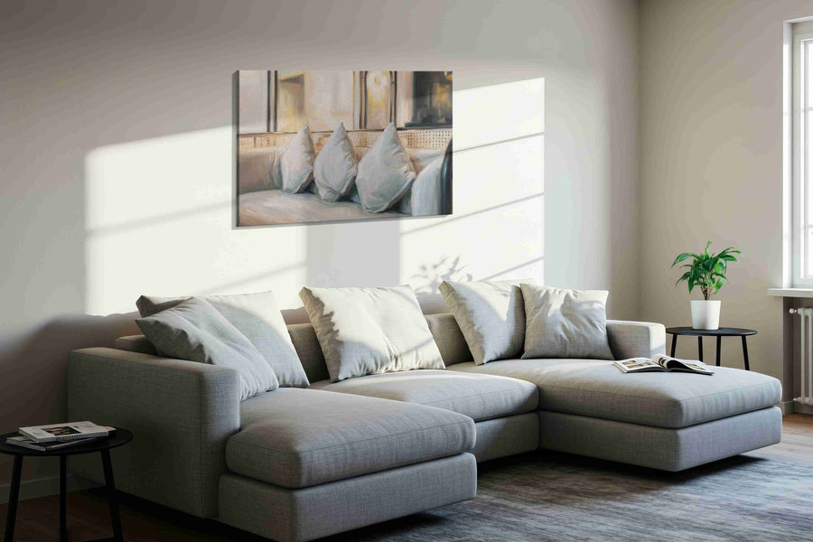 Tranquil Sofascape minimalist canvas print in a living room scene