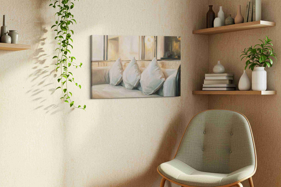 Tranquil Sofascape minimalist canvas print, displayed in a living room