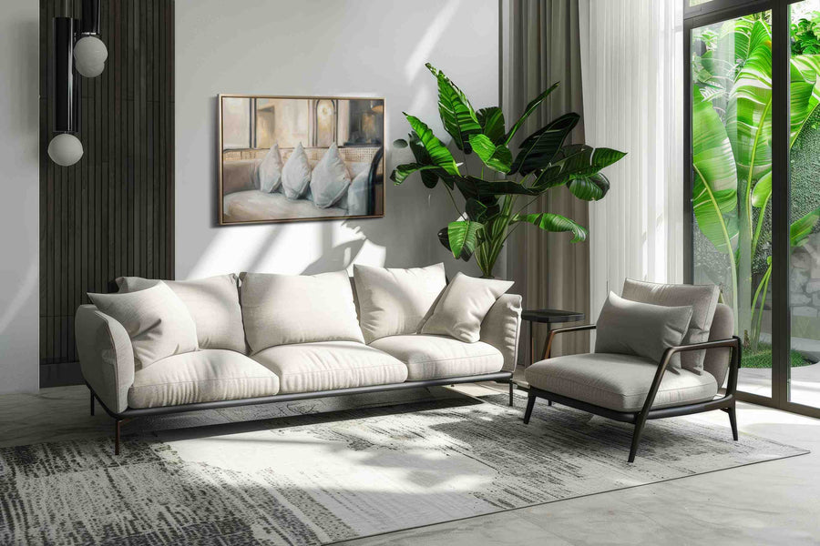 Tranquil Sofascape minimalist canvas print, on wall, lifestyle preview