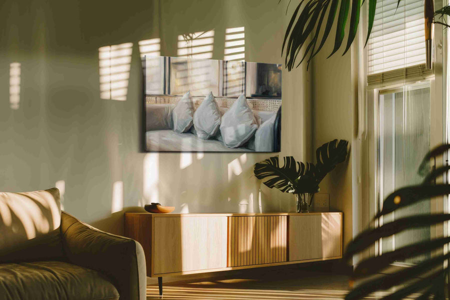 Tranquil Sofascape minimalist canvas print in a contemporary interior mockup