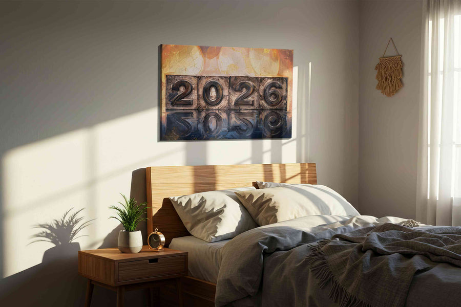 Echoes of Tomorrow typography canvas print, displayed in a bedroom