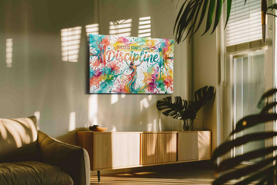 Colorful Manifestation of Discipline motivational canvas print, displayed in a living room