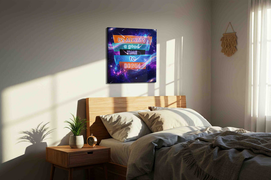 Cosmic Motivation motivational canvas print, displayed in a bedroom