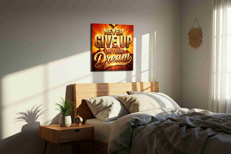 Dreams Take Flight motivational canvas print, displayed in a bedroom