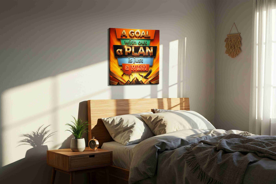 Wishes in the Sunrise motivational canvas print, displayed in a bedroom