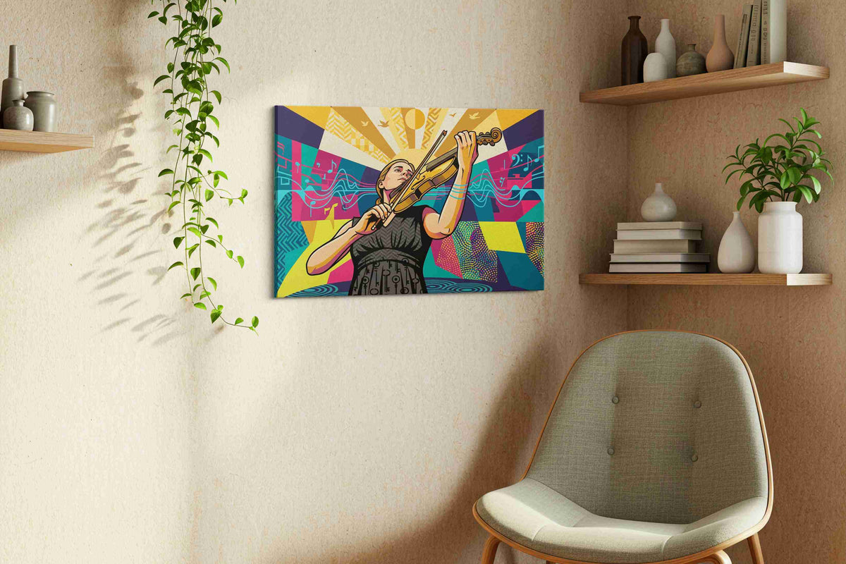 Symphonic Sunrise music canvas print, displayed in a living room