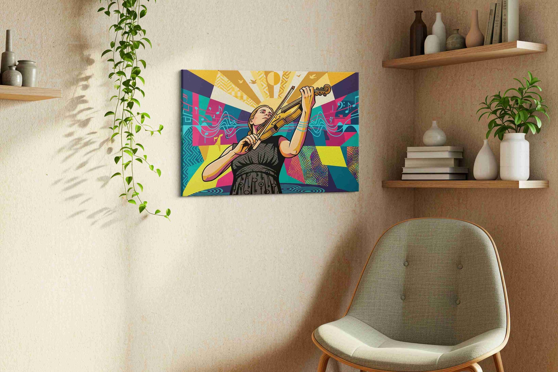 Symphonic Sunrise music canvas print, displayed in a living room