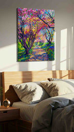 Blossoms of Joy nature canvas print, displayed in a bedroom