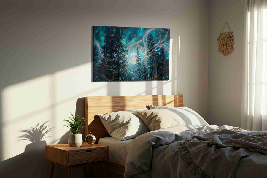 Enchanted Forest Glow fantasy canvas print, displayed in a bedroom