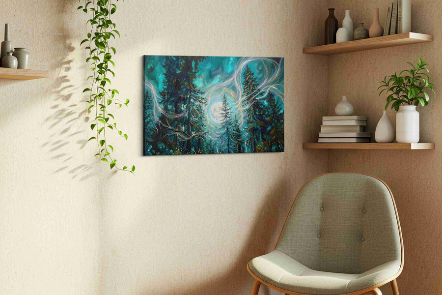 Enchanted Forest Glow fantasy canvas print styled in a living room