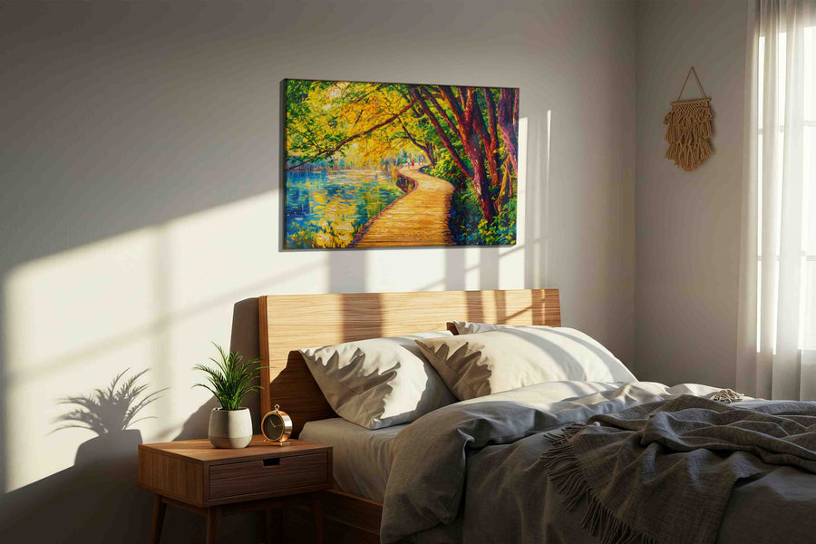 Pathway of Golden Dreams summer canvas print, displayed in a bedroom