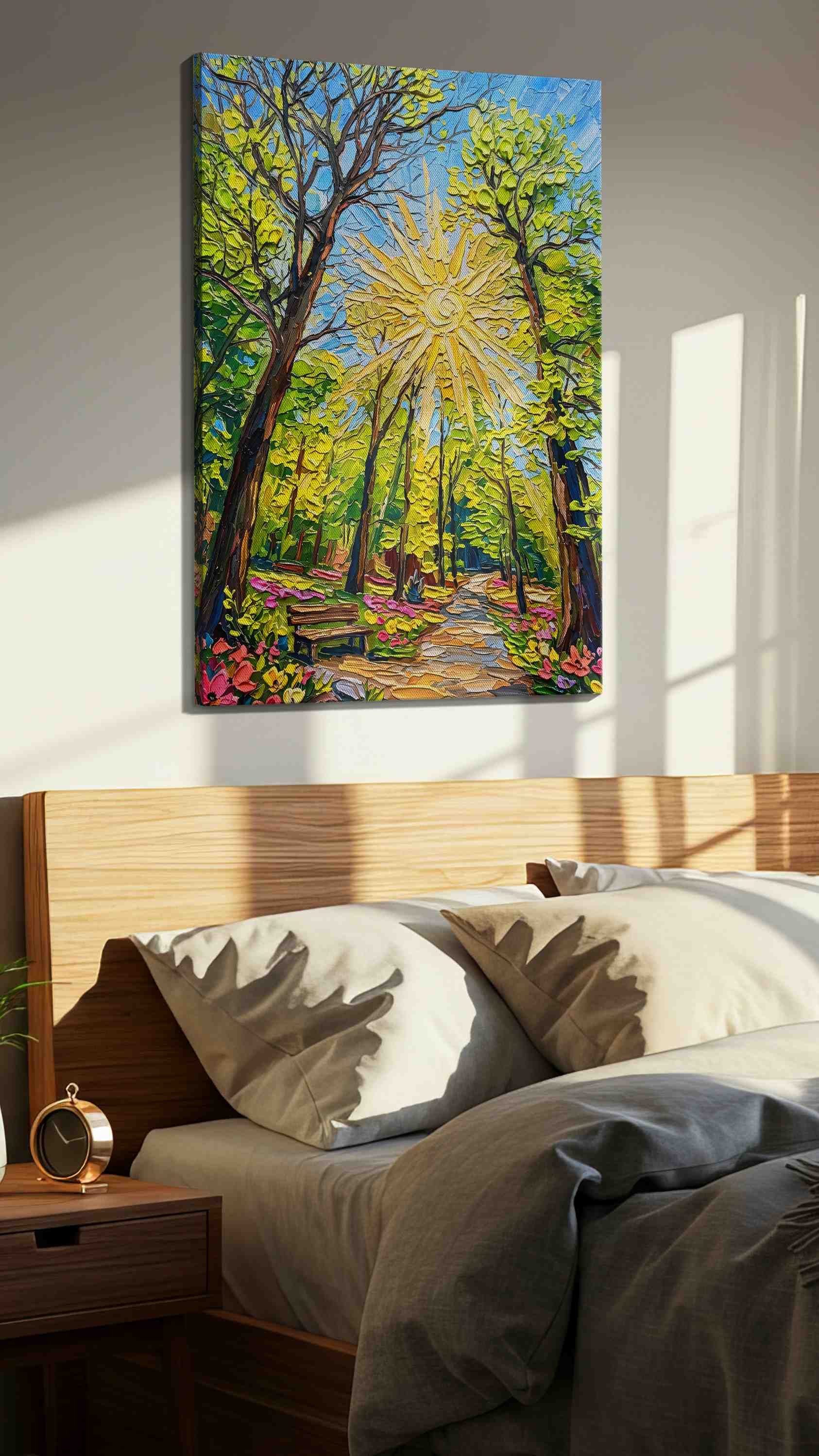 Sunlit Symphony in Bloom spring canvas print, displayed in a bedroom