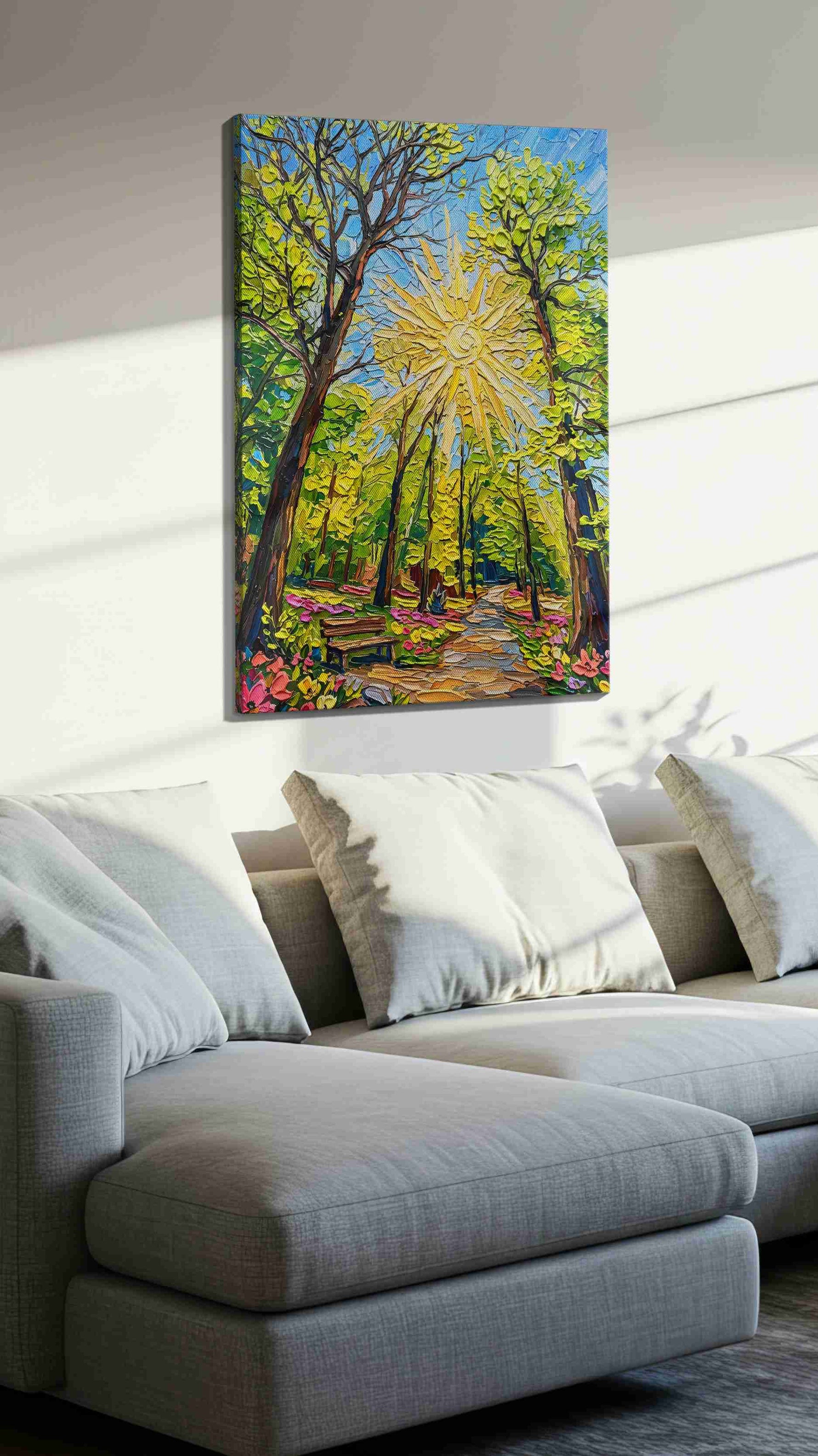 Sunlit Symphony in Bloom spring canvas print, displayed in a living room