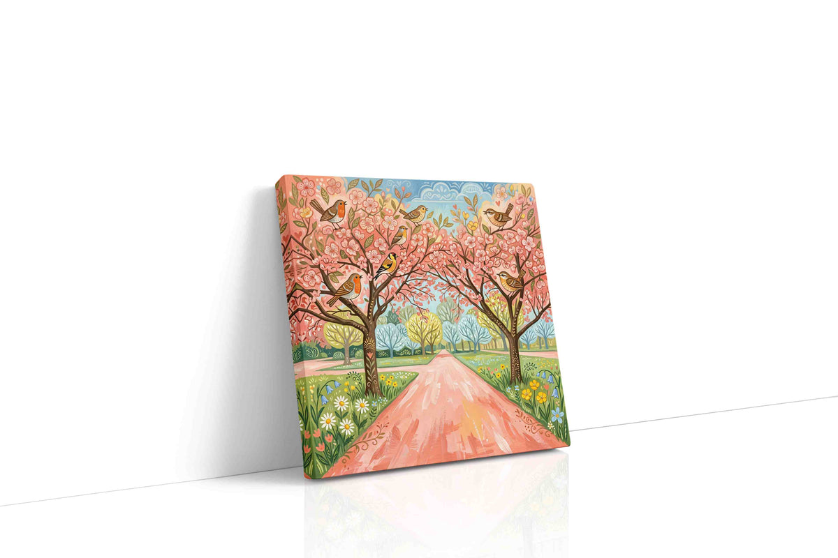 Whimsical Blossoms and Chirping Melodies spring canvas print gallery-wrapped square canvas studio shot