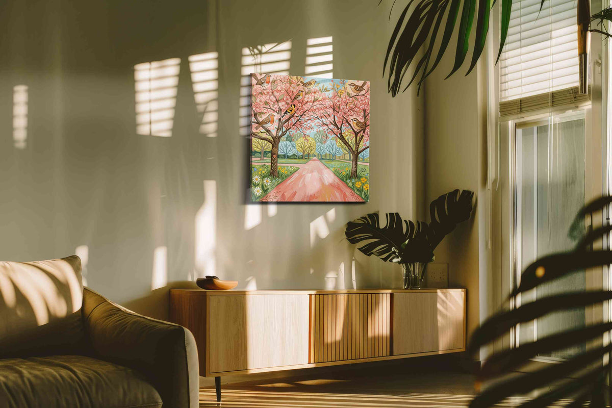 Whimsical Blossoms and Chirping Melodies spring canvas print, displayed in a living room