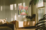Whimsical Blossoms and Chirping Melodies spring canvas print, displayed in a living room