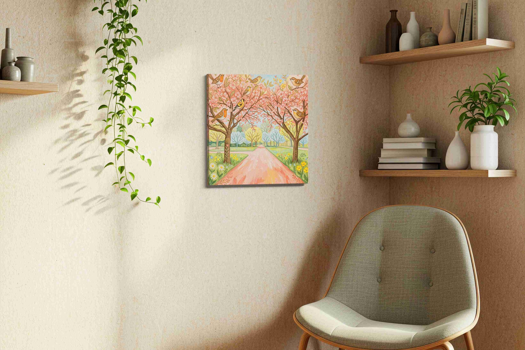 Whimsical Blossoms and Chirping Melodies spring canvas print in a living room scene