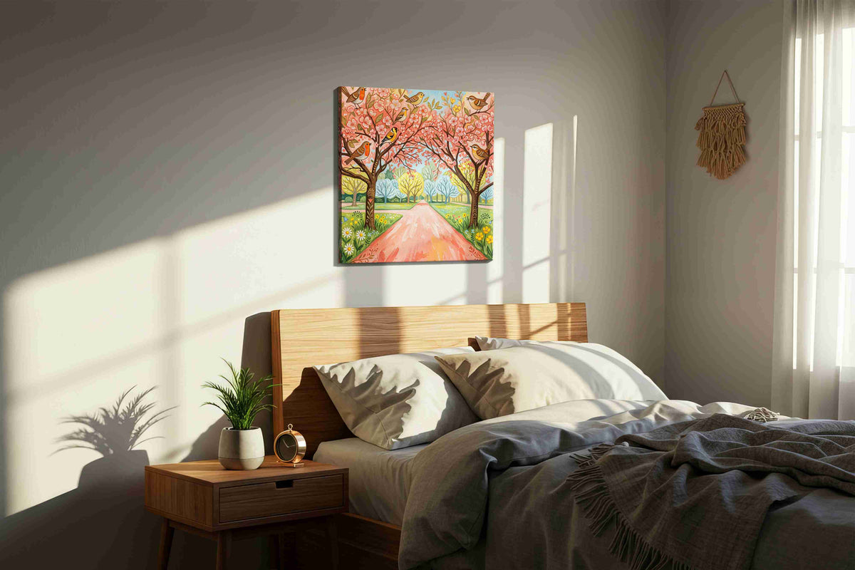 Whimsical Blossoms and Chirping Melodies spring canvas print, gallery-wrapped, ready to hang — view 4