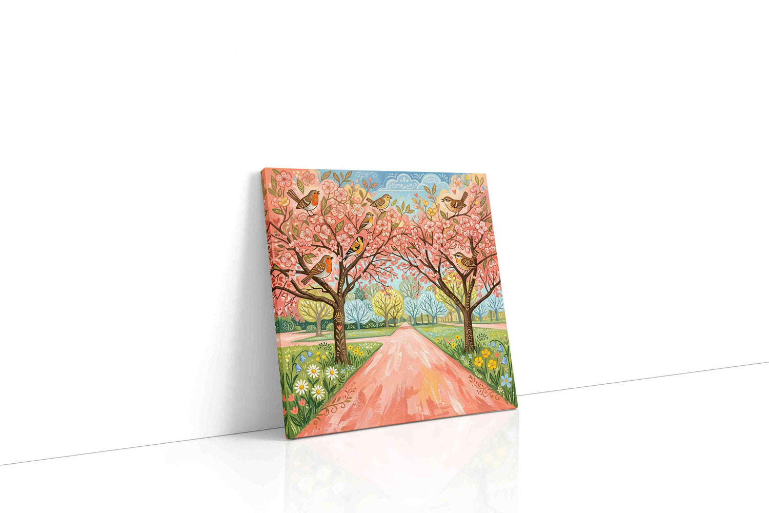 Whimsical Blossoms and Chirping Melodies spring canvas print, gallery-wrapped, ready to hang