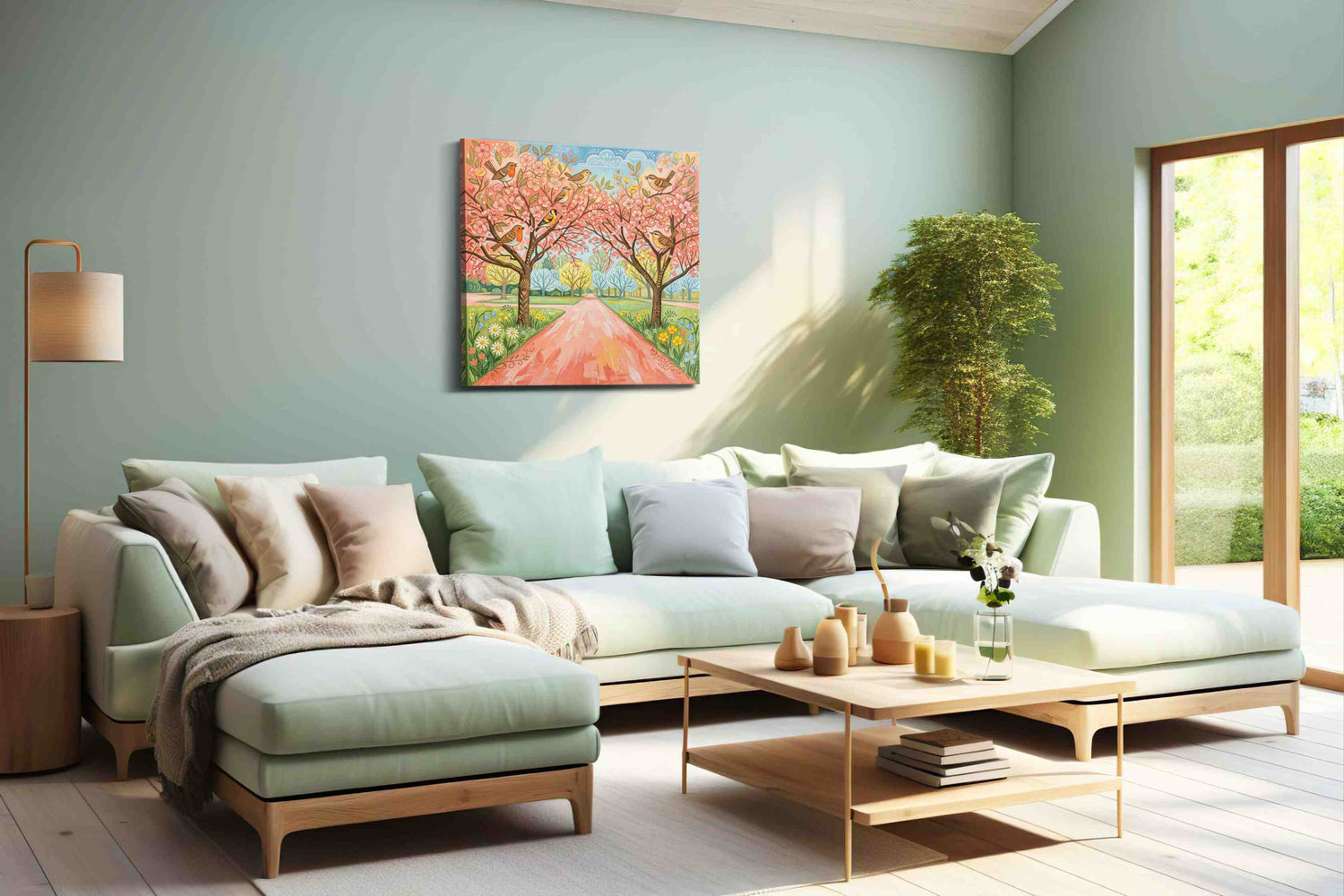 Whimsical Blossoms and Chirping Melodies - Spring, Spring Wall Art, Seasonal Canvas Print, Fresh Decor