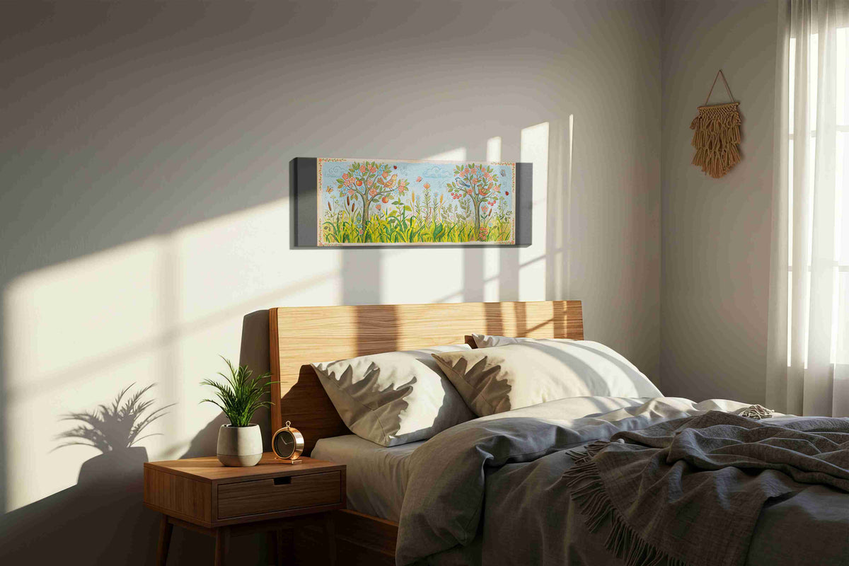 Whimsical Garden Serenade spring canvas print, displayed in a bedroom