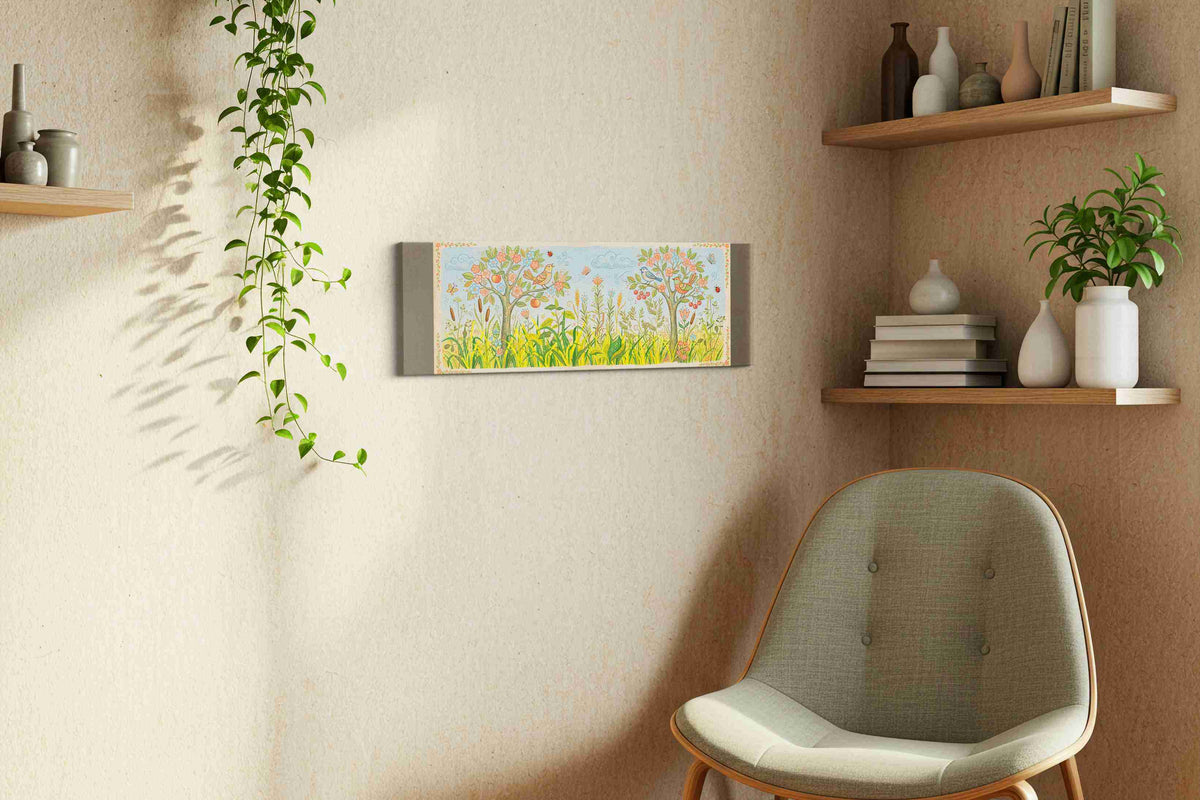 Whimsical Garden Serenade spring canvas print, displayed in a living room