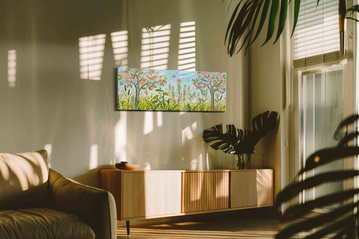 Whimsical Garden Serenade spring canvas print in a hung canvas mockup