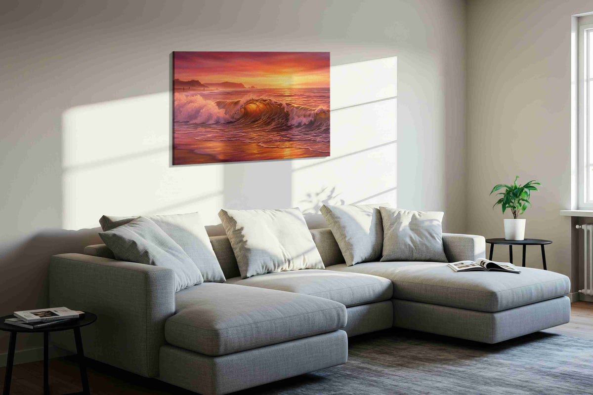 Ember Waves of Harmony beach canvas print in a living room scene
