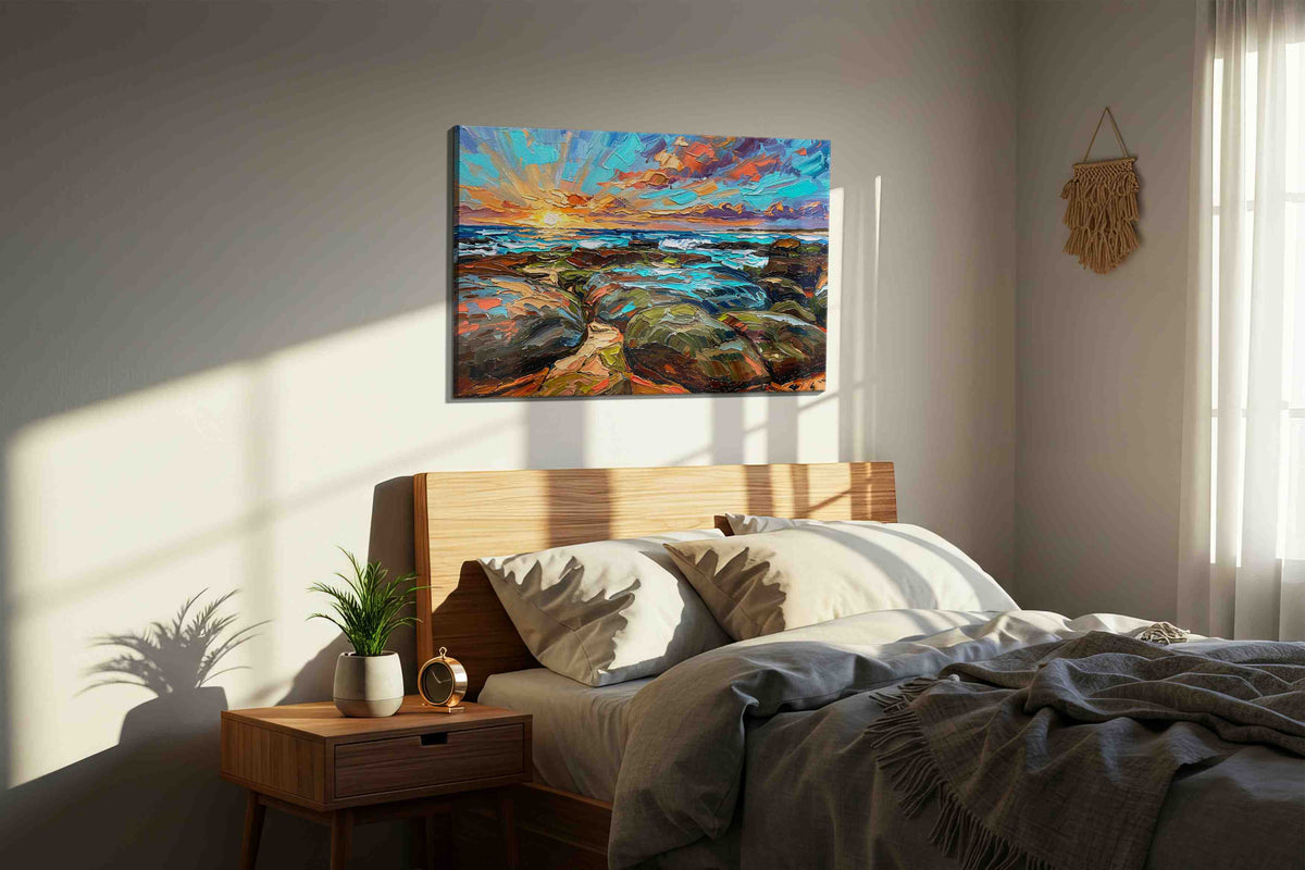 Eternal Coastal Symphony beach canvas print, displayed in a bedroom