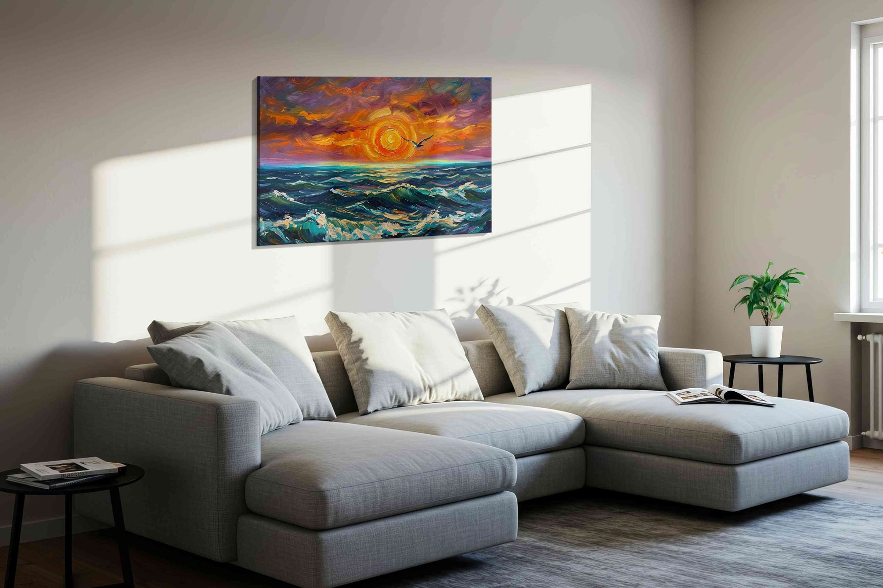 Eternal Waves of Sunrise ocean canvas print in a living room scene