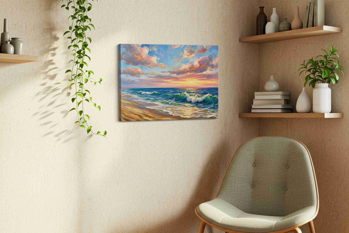 Eternal Waves of Sunset Bliss ocean canvas print, hanging on wall — view 3
