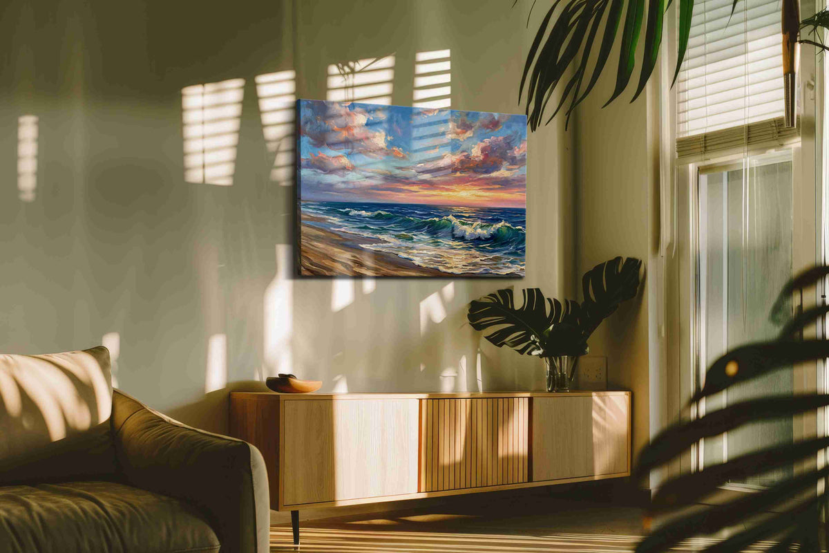 Eternal Waves of Sunset Bliss ocean canvas print in a hung canvas mockup
