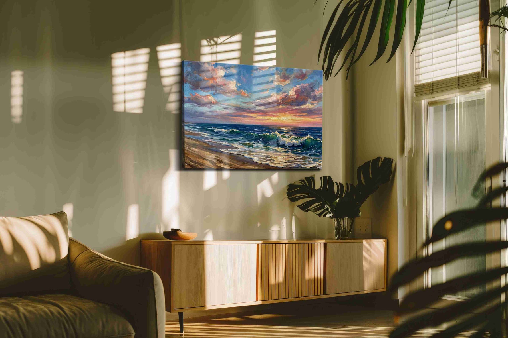 Eternal Waves of Sunset Bliss ocean canvas print in a hung canvas mockup