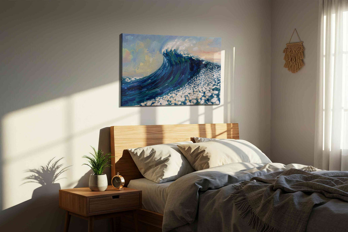 Ethereal Ocean Surge ocean canvas print, displayed in a bedroom
