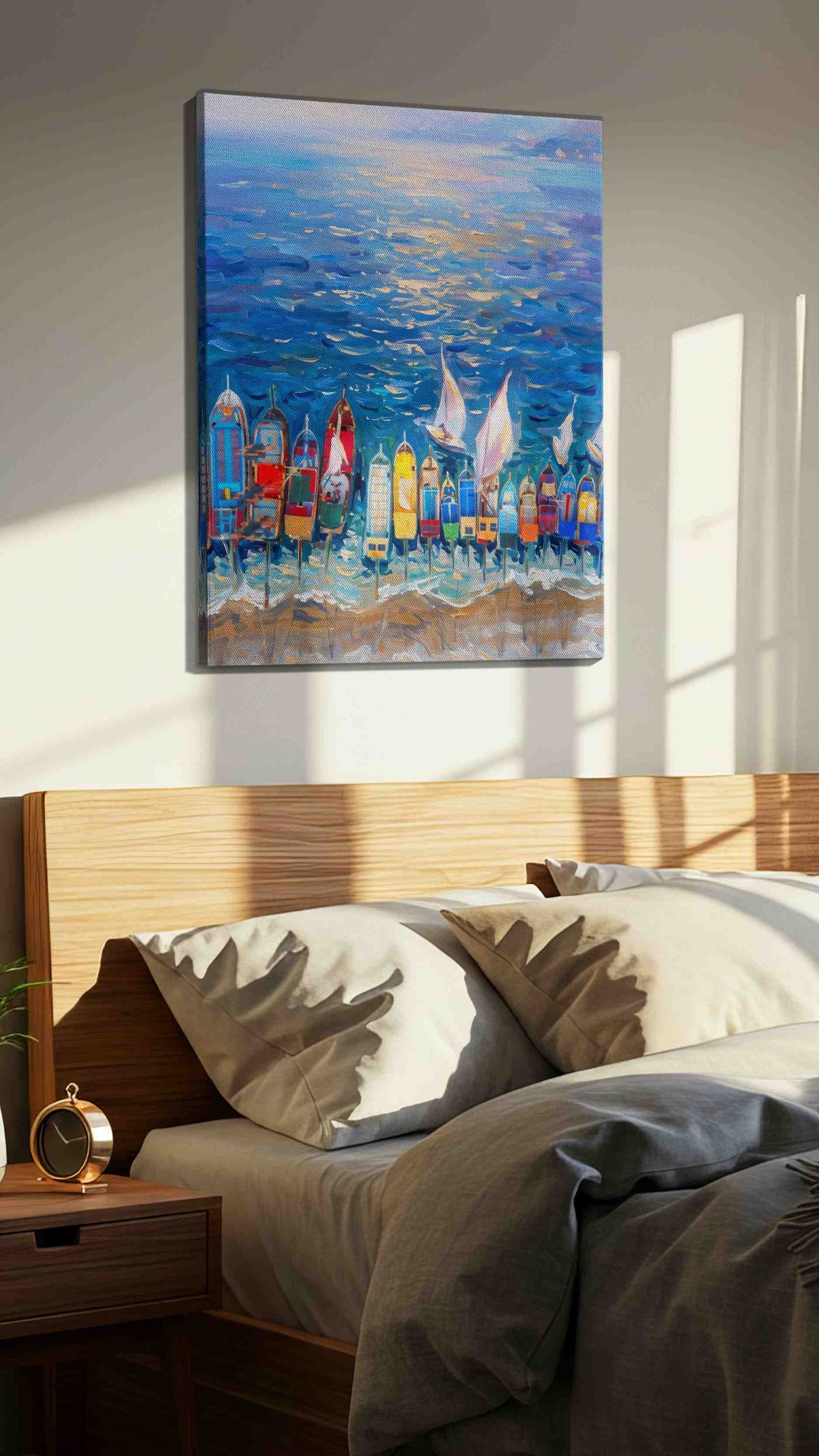 Serenade of Sails at Sunset sailing canvas print, displayed in a bedroom