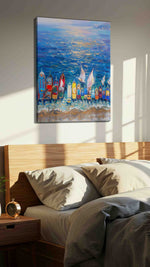 Serenade of Sails at Sunset sailing canvas print, displayed in a bedroom