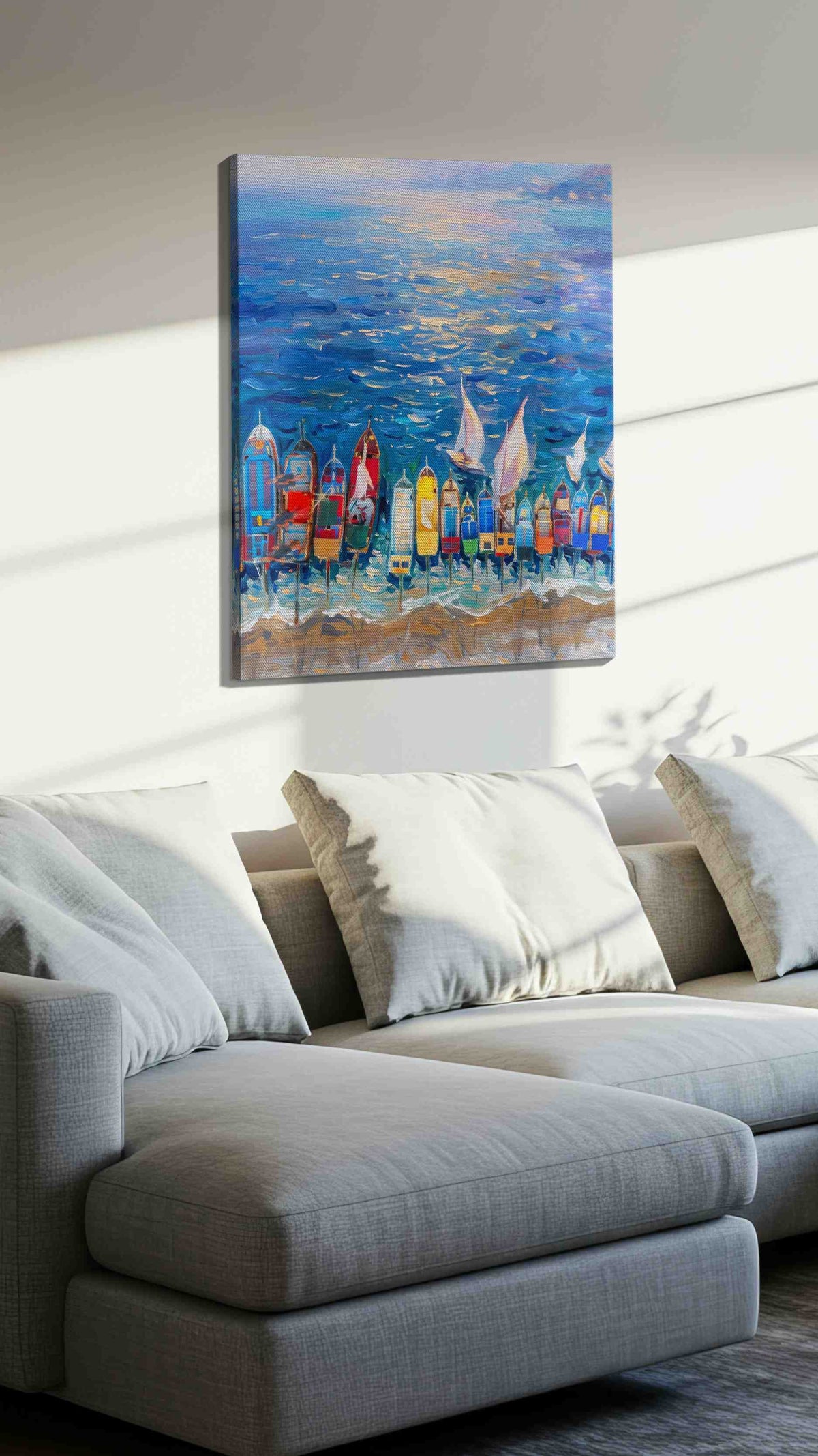 Serenade of Sails at Sunset sailing canvas print, displayed in a living room