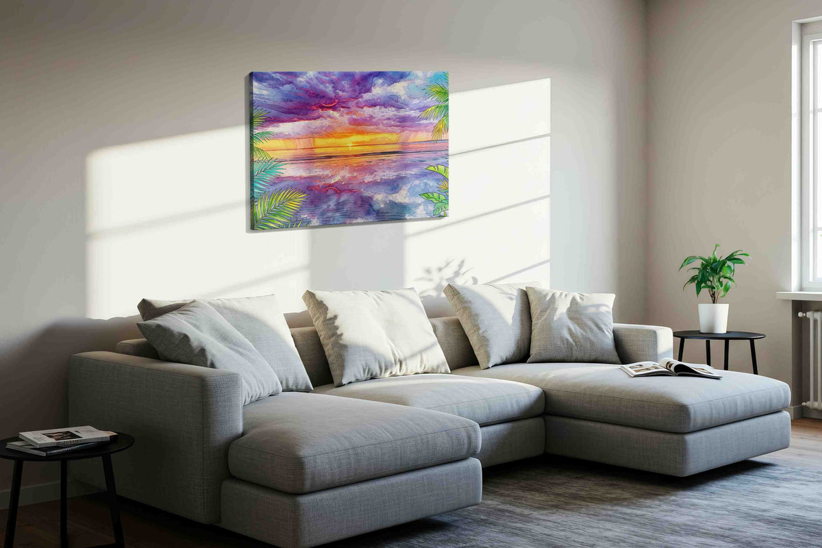 Sunset Symphony Over the Sea beach canvas print, displayed in a living room