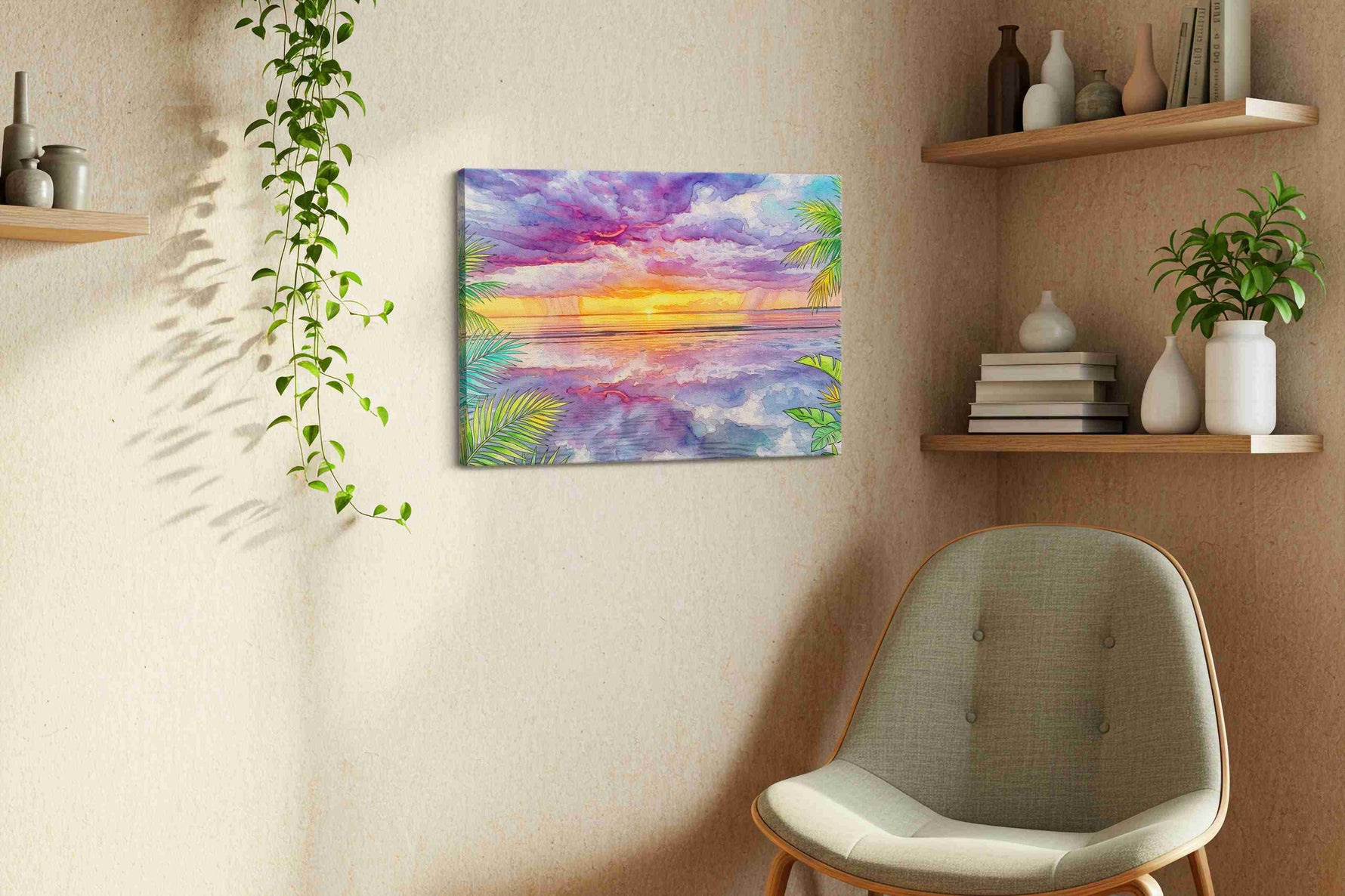 Sunset Symphony Over the Sea beach canvas print, hanging on wall — view 4