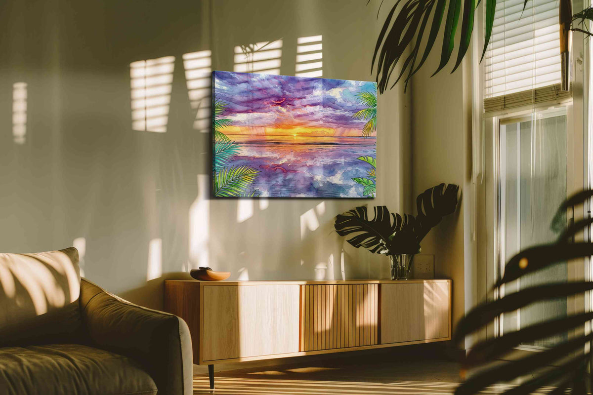 Sunset Symphony Over the Sea beach canvas print, hanging on wall — in a hung canvas mockup