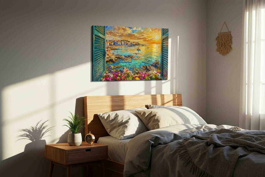 Sunset Vista from the Cottage summer canvas print, displayed in a bedroom