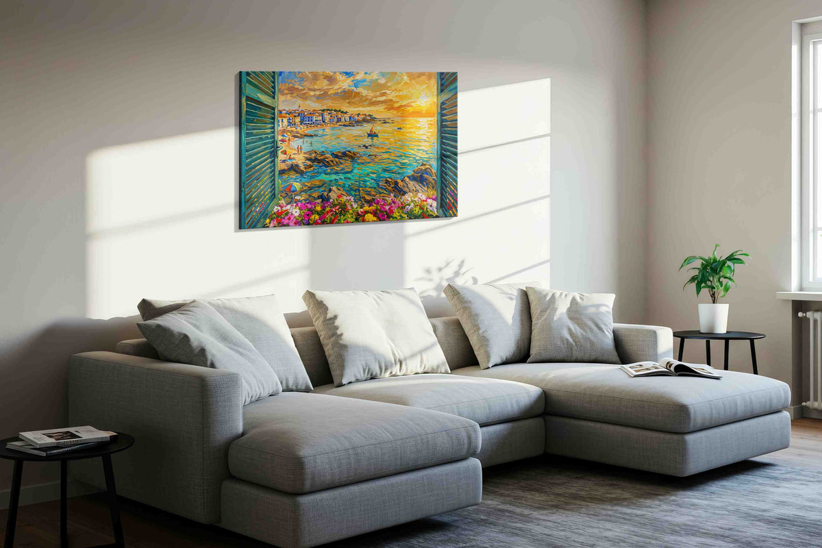 Sunset Vista from the Cottage summer canvas print, displayed in a living room