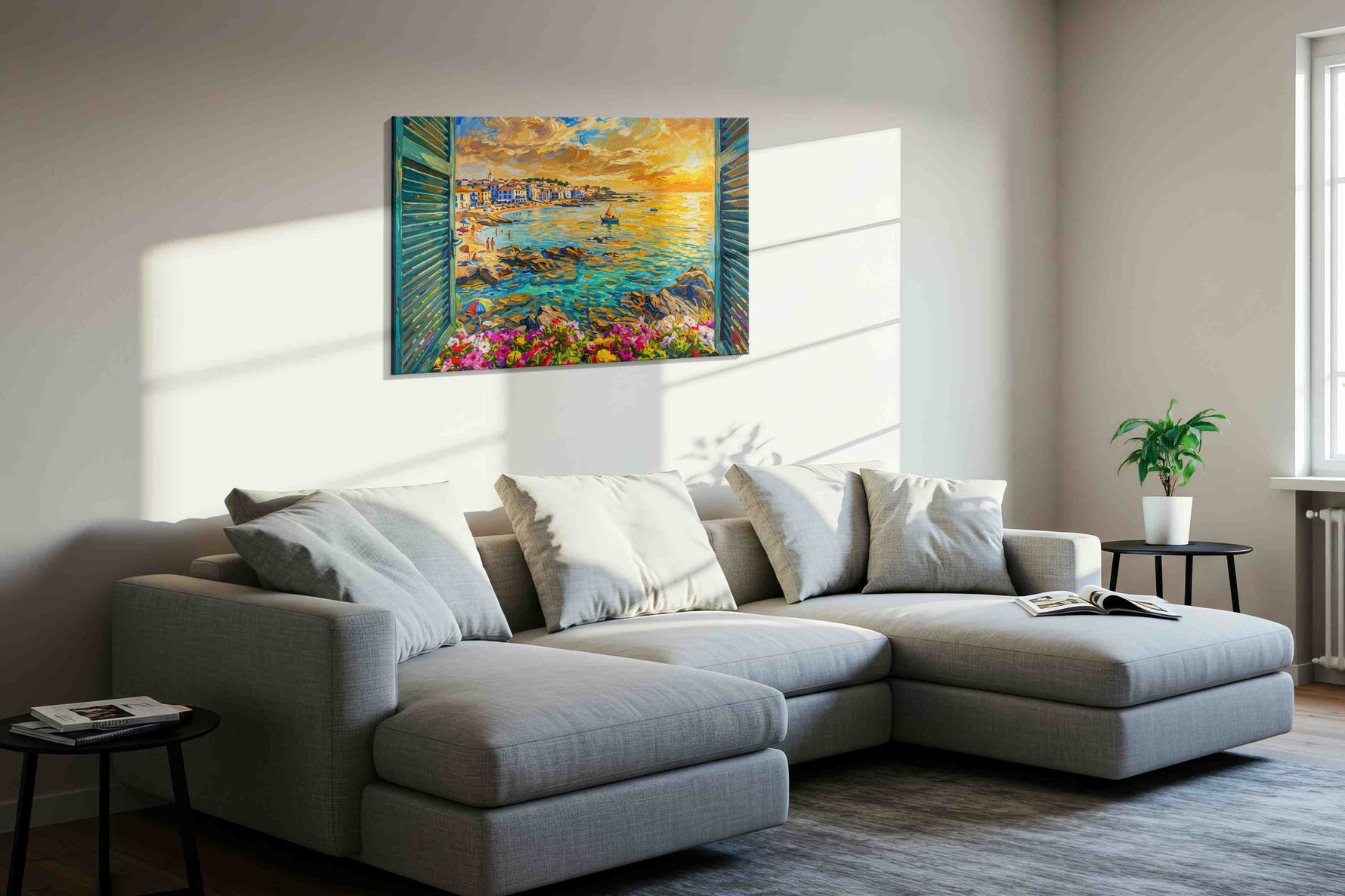 Sunset Vista from the Cottage summer canvas print, displayed in a living room