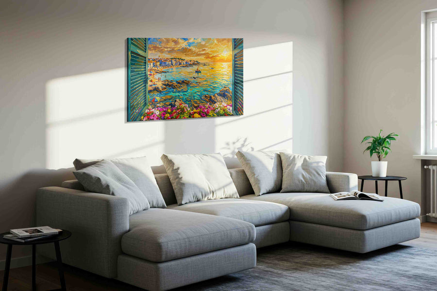 Sunset Vista from the Cottage summer canvas print, displayed in a living room