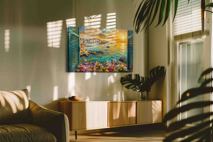 Sunset Vista from the Cottage - Summer, Summer Wall Art, Seasonal Canvas Print, Bright Decor