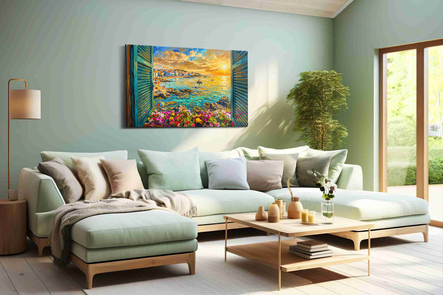 Sunset Vista from the Cottage summer canvas print shown in a wall scene