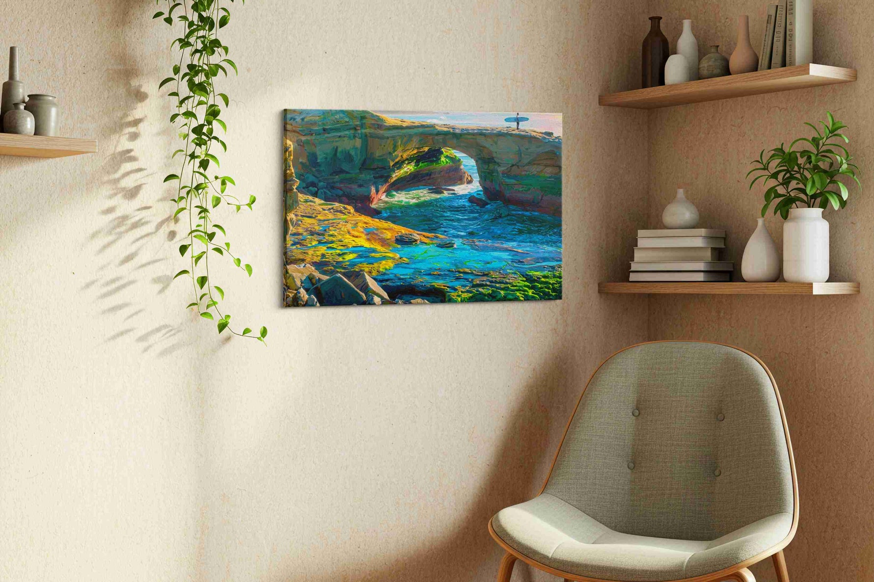 Surf's Edge Dreamscape ocean canvas print styled in a living room