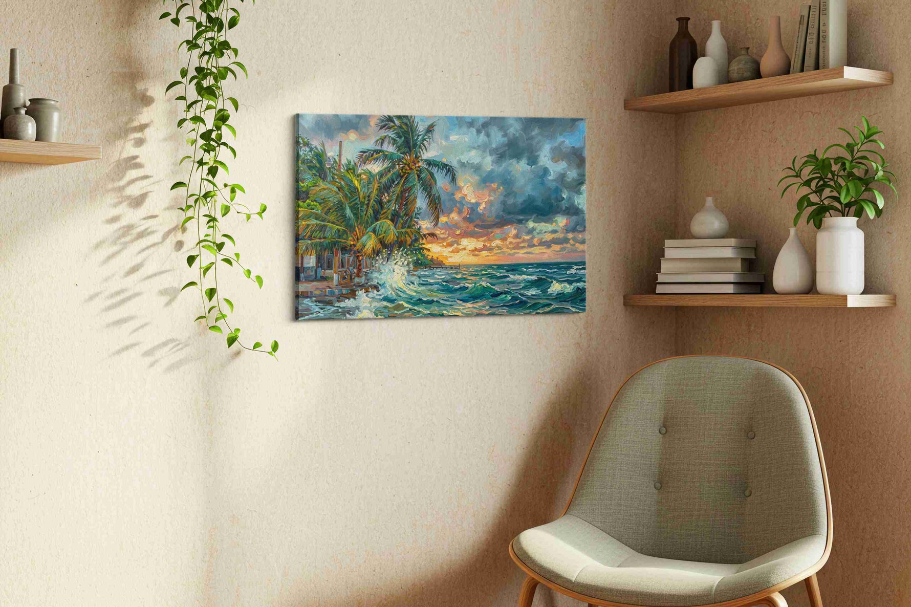 Tropical Storm Symphony ocean canvas print, displayed in a living room