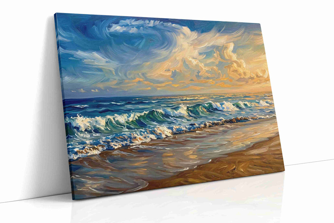 Waves of Golden Serenity - Coastal Wall Art, Ocean Canvas Print, Beach House Decor