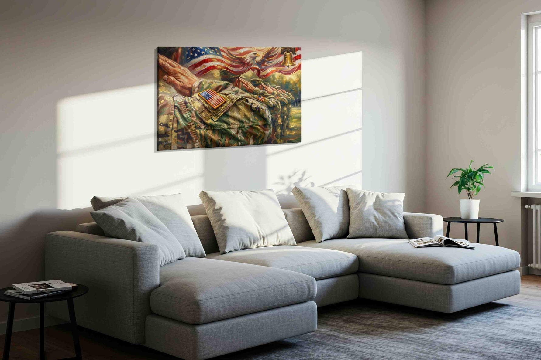 Eagle's Valor patriotic canvas print in a living room scene